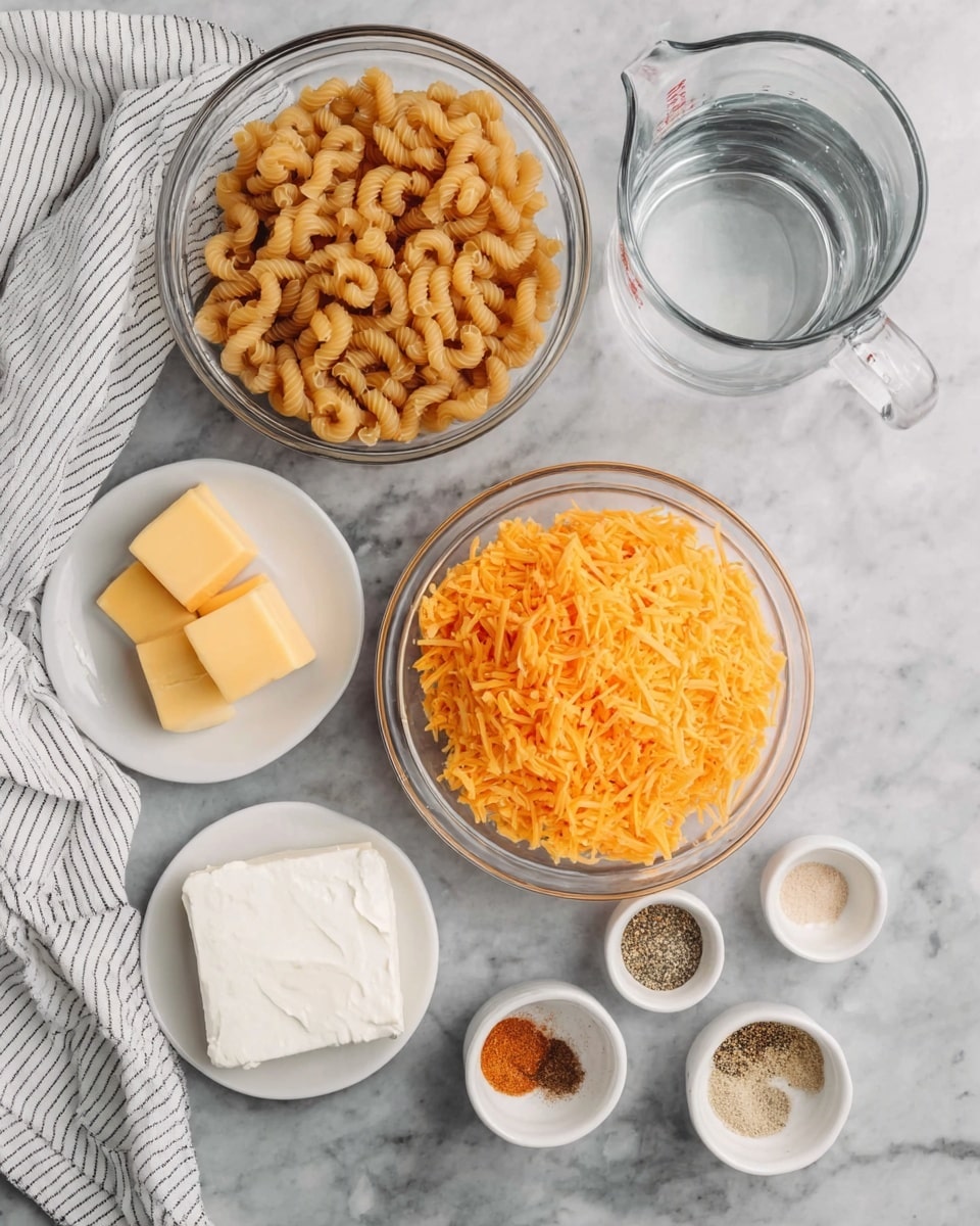 The image shows several clear glass bowls and small white plates arranged on a white marbled surface. One bowl holds dried elbow pasta, light brown in color and curved in shape. Another bowl contains shredded orange cheddar cheese with a coarse texture. A large clear measuring cup filled with water sits nearby, and a small white plate holds two yellow squares of butter. Below, a glass bottle contains white milk. There are three small white dishes: one with a block of white cream cheese, one with finely grated white cheese, and one with a mix of powdered spices in tan, beige, black, and reddish hues. A white striped cloth is placed on the left side. photo taken with an iphone --ar 4:5 --v 7