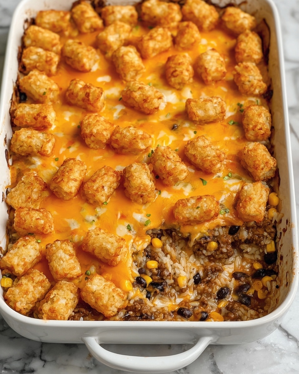 A white rectangular baking dish filled with a layered casserole. The bottom layer has cooked rice with ground meat mixed with black beans and corn, showing brown and yellow colors with bits of black. Above that is a thick layer of melted orange cheddar cheese, bubbling and slightly browned in places. On top, evenly spaced, are small golden-browned tater tots with a crispy texture. The casserole looks hot and freshly baked, set against a white marbled surface. Photo taken with an iphone --ar 4:5 --v 7