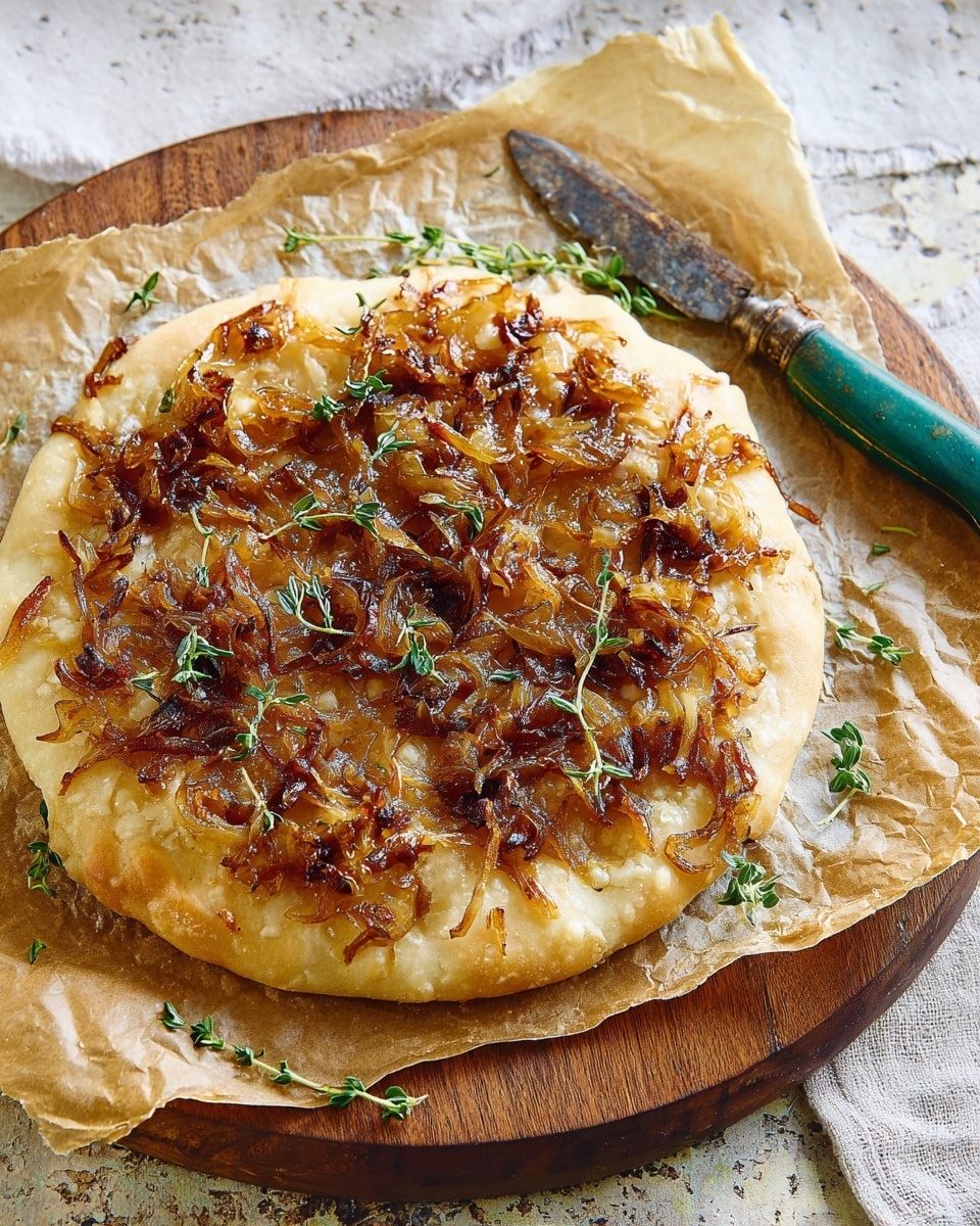 A round flatbread with a light golden crust forms the base layer, topped with a thick layer of caramelized onions that are browned and slightly crispy at the edges. Small green thyme leaves are scattered evenly over the onions, adding a touch of color contrast. The flatbread rests on crinkled parchment paper placed on a round wooden board, with a vintage knife featuring a worn green handle lying next to it. There is a white marbled texture in the background photo taken with an iphone --ar 4:5 --v 7