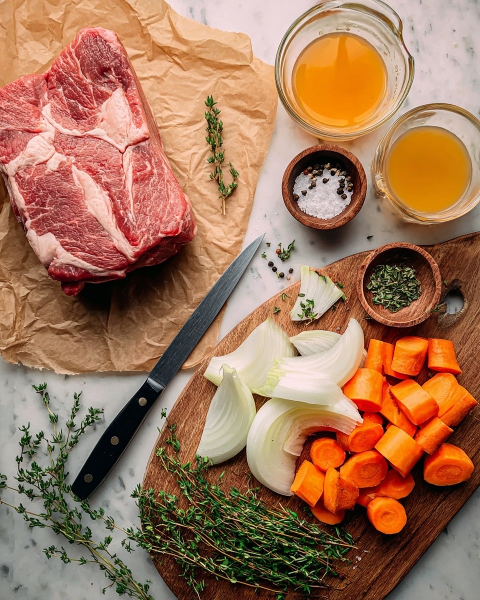 A piece of raw red meat with white marbling rests on brown paper to the left, while to the right, a wooden board holds two layers of vegetables: bright orange carrot chunks and white onion slices, both rough in texture and stacked randomly. A black-handled knife lies partially under the vegetables with its tip pointed toward the bottom, and fresh green thyme sprigs are scattered around. Small wooden bowls hold coarse salt, black peppercorns, and green herbs above and below the scene. Two clear glass containers with orange and yellow liquids sit nearby, all placed on a white marbled surface photo taken with an iphone --ar 4:5 --v 7