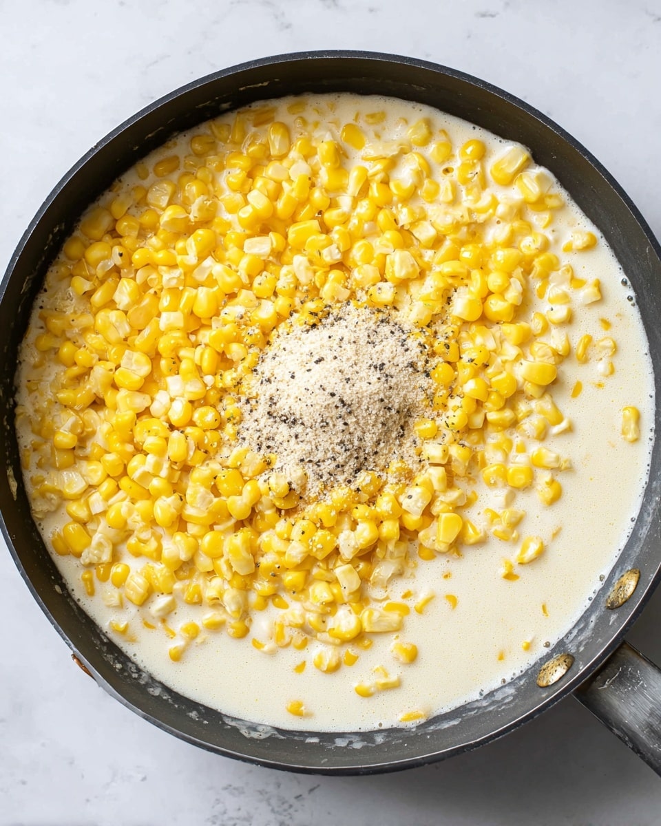 A black pan filled with bright yellow corn kernels that cover most of the surface, sitting in a creamy white liquid base that partially shows through on the right side. On top of the corn near the center is a small pile of light beige powder and some black ground pepper, adding texture contrast. The pan is placed on a white marbled surface, with slight splashes of cream around the pan edge. photo taken with an iphone --ar 4:5 --v 7