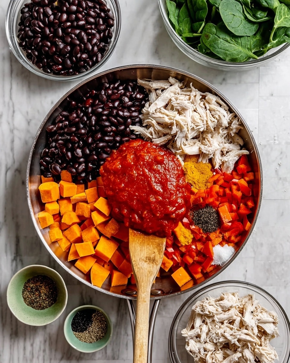 A metal pan filled with four main sections: a pile of black beans on the top left, shredded white chicken next to the beans on the bottom left, a large round scoop of thick red tomato sauce below the center, and bright orange cubed sweet potatoes mixed with diced red peppers filling the right half. A wooden spoon rests on the sweet potatoes with different spices on it including red, yellow, black, and white powders. Around the pan, there is a white bowl with shredded chicken on the bottom right, a glass bowl of black beans on the top left, a white bowl of fresh green spinach on the top right, and two small green bowls holding ground black pepper and salt on the bottom. All the items are placed on a white marbled surface. photo taken with an iphone --ar 4:5 --v 7