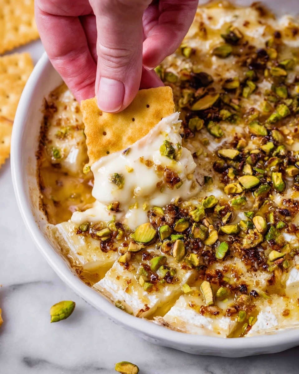 The image shows a close-up of a white round dish filled with melted creamy cheese cut into square pieces. The top layer is white cheese with a soft, slightly browned texture, topped with scattered chopped green and brown pistachio nuts. A woman's hand is holding a square, light yellow-colored cracker that dips into the cheese and pistachios. The dish is placed on a white marbled surface. photo taken with an iphone --ar 4:5 --v 7