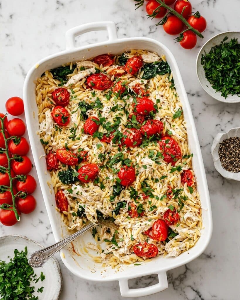 Baked Chicken Orzo with Boursin Cheese, Cherry Tomatoes, and Spinach Recipe