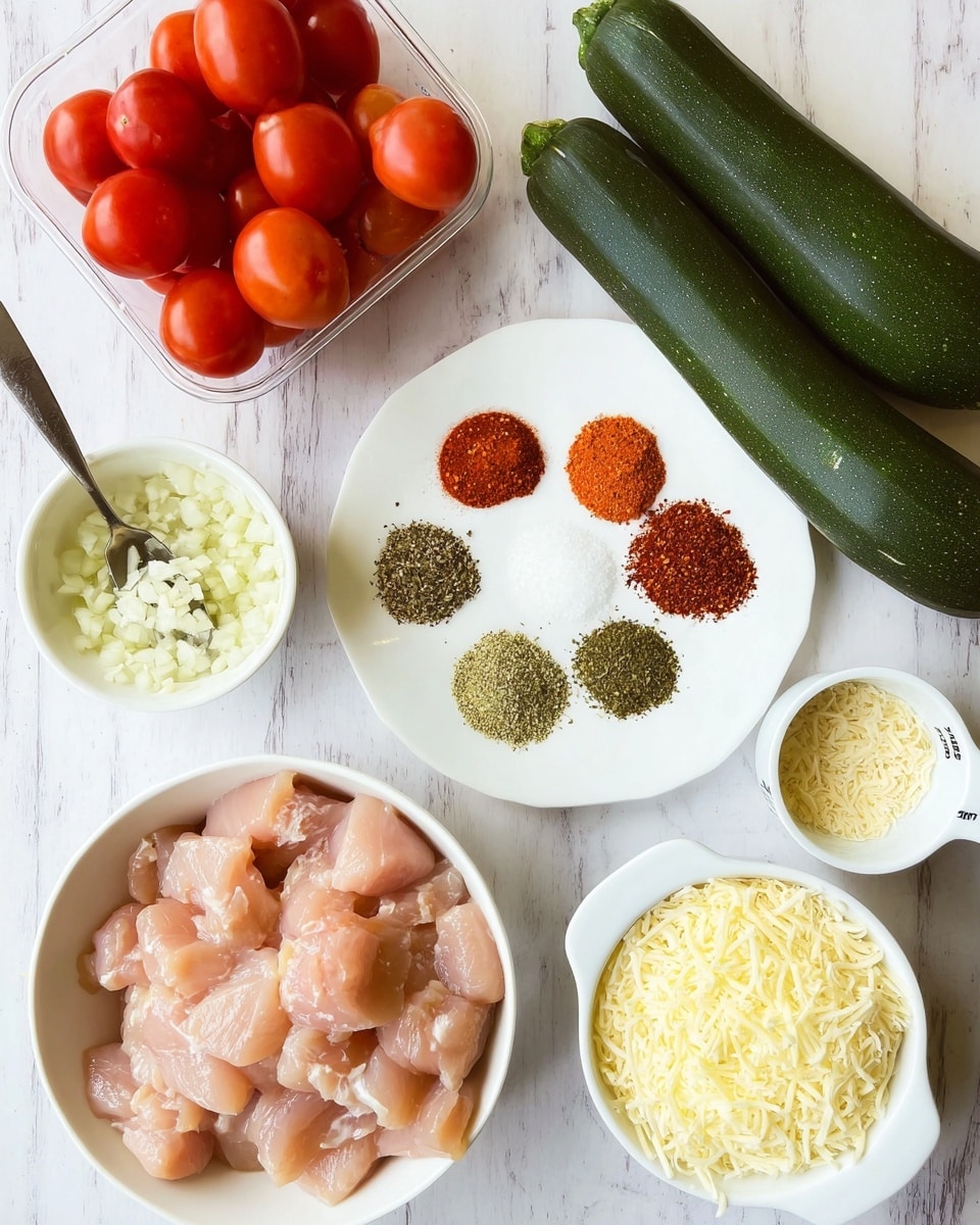 The image shows raw diced chicken in a white bowl at the bottom left, bright red grape tomatoes in a plastic container at the top left, and two dark green zucchinis on the right side. In the center is a white plate holding six piles of spices and seasoning in different colors: red paprika, white salt, black pepper, chili flakes, green dried oregano, and green dried basil. To the right of the plate are two white measuring cups, one filled with shredded cheese and the other with grated parmesan. At the far left, a woman's hand is holding a spoon with minced garlic. All items rest on a white marbled surface. Photo taken with an iphone --ar 4:5 --v 7