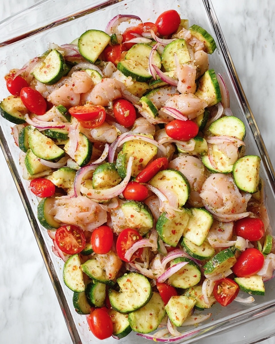 The image shows a clear glass dish filled with a colorful mix of fresh ingredients. The dish contains three main layers blended together: the pale pink pieces of raw chicken scattered all over, bright green slices of zucchini with darker green edges, and vibrant red cherry tomatoes, some whole and some sliced in half. Thin rings of light purple onion pieces are spread throughout as well, all mixed in a light seasoning giving a slightly speckled look on the chicken and vegetables. The dish is placed on a white marbled surface. photo taken with an iphone --ar 4:5 --v 7