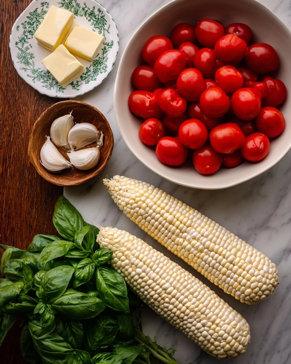 The image shows a close-up of fresh cooking ingredients on a white marbled surface. On the right, a large white bowl is filled with bright red grape tomatoes, shiny and smooth. Below it, three ears of pale white corn lay side by side, their kernels plump and tightly packed. To the left of the corn, a bunch of fresh, dark green basil leaves with a slightly shiny texture rests flat. Above the basil, a small round wooden bowl holds three whole garlic cloves with light brown skin. In the top left corner, a small white plate with a green floral pattern holds two pale yellow butter squares. The photo taken with an iphone --ar 4:5 --v 7