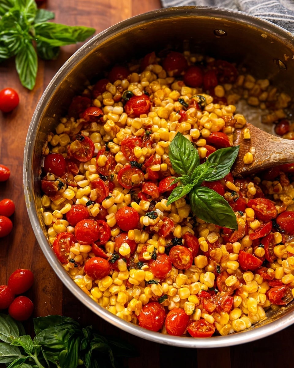 A close-up view of a silver pot filled with cooked corn kernels mixed with bright red cherry tomatoes, which are softened and slightly burst, creating a colorful blend of yellow and red. There are small green herb pieces scattered throughout, adding texture and freshness. On top, a fresh green basil sprig sits as garnish. A wooden spoon is partially visible on the right side, stirring the mix. The pot is placed on a warm brown wooden surface with green basil leaves and red tomatoes around it. Photo taken with an iphone --ar 4:5 --v 7
