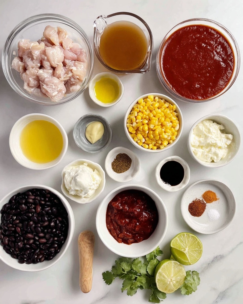 The image shows an arrangement of ingredients for a recipe on a white marbled surface. From the top left, there is a clear glass bowl with raw light pink chicken pieces, next to it a clear glass measuring cup with light brown broth. To the right, a white bowl filled with smooth deep red tomato sauce. Below are smaller white bowls with yellow corn kernels and finely chopped white onions. A small black bowl contains crushed garlic, while another small white bowl holds a golden yellow liquid. A white bowl near the bottom left contains black beans with a shiny texture, and a small white bowl in the bottom left corner is filled with white cream cheese. At the center bottom is a clear measuring cup with thick dark red cooked tomatoes. On the right side, a small white bowl has light yellow lime juice next to two lime halves and a wooden lime squeezer. A small round white plate with salt and spices, including ground dark brown, medium brown, and red powders, is in the middle right. Fresh green cilantro leaves are placed near the bottom of the image. All items are neatly spaced and photographed from above. Photo taken with an iphone --ar 4:5 --v 7