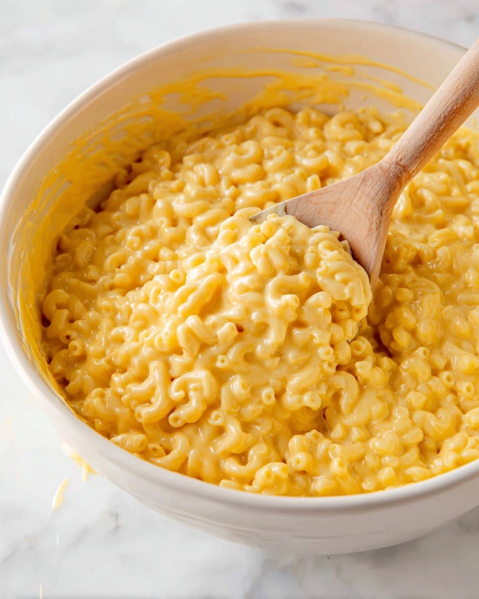 A white bowl filled with creamy macaroni and cheese, showing one layer of small elbow macaroni covered in thick, yellow cheese sauce. A wooden spoon is scooping some macaroni from the bowl, displaying the smooth, rich texture of the cheese sauce closely coating each macaroni piece. The bowl sits on a white marbled surface, with a soft light highlighting the glossy, cheesy pasta inside, and some cheese sauce puddled slightly around the edges. Photo taken with an iphone --ar 4:5 --v 7