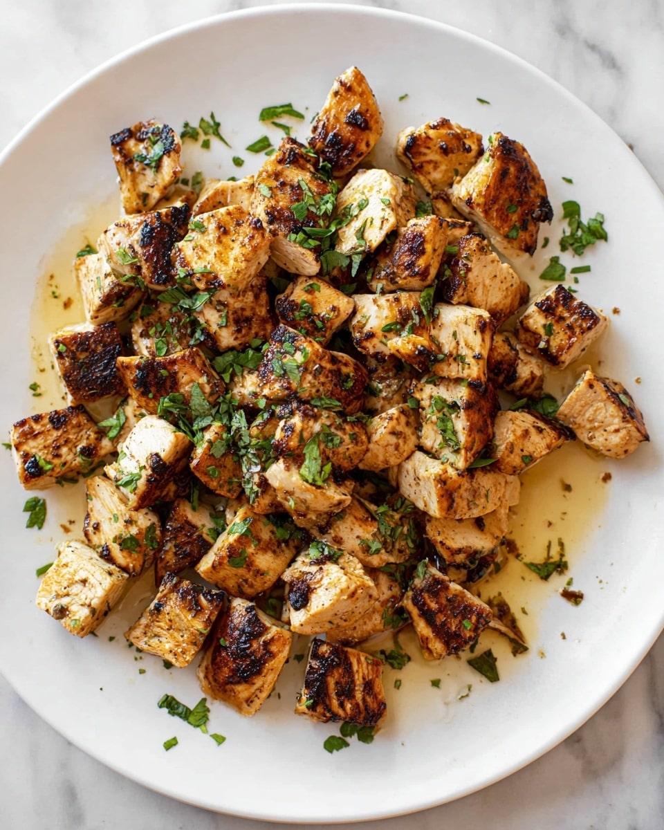 A white plate is filled with several pieces of grilled chicken, each piece cut into small cubes with a golden-brown crust and some darker char marks. The chicken pieces are scattered across the plate, with light brown juices pooling slightly beneath them. Fresh green chopped herbs are sprinkled evenly on top, adding a pop of color against the warm and toasted tones of the chicken. The plate sits on a white marbled surface that adds a clean and bright background to the scene. photo taken with an iphone --ar 4:5 --v 7