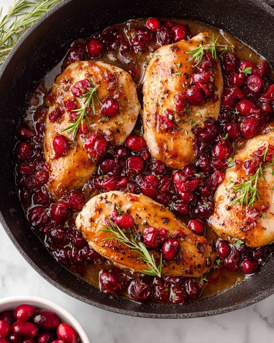 In the black skillet, there are five pieces of cooked chicken with a golden brown color and a slightly crispy texture on the top. The chicken pieces are surrounded by and topped with a rich, thick sauce made of bright red cranberries, some whole and some broken down, mixed with a glossy, slightly translucent glaze. Small green rosemary sprigs are scattered on top, adding a contrast of color and texture. The skillet sits on a white marbled surface, and to the lower right, there is a glimpse of a white bowl filled with fresh cranberries. photo taken with an iphone --ar 4:5 --v 7
