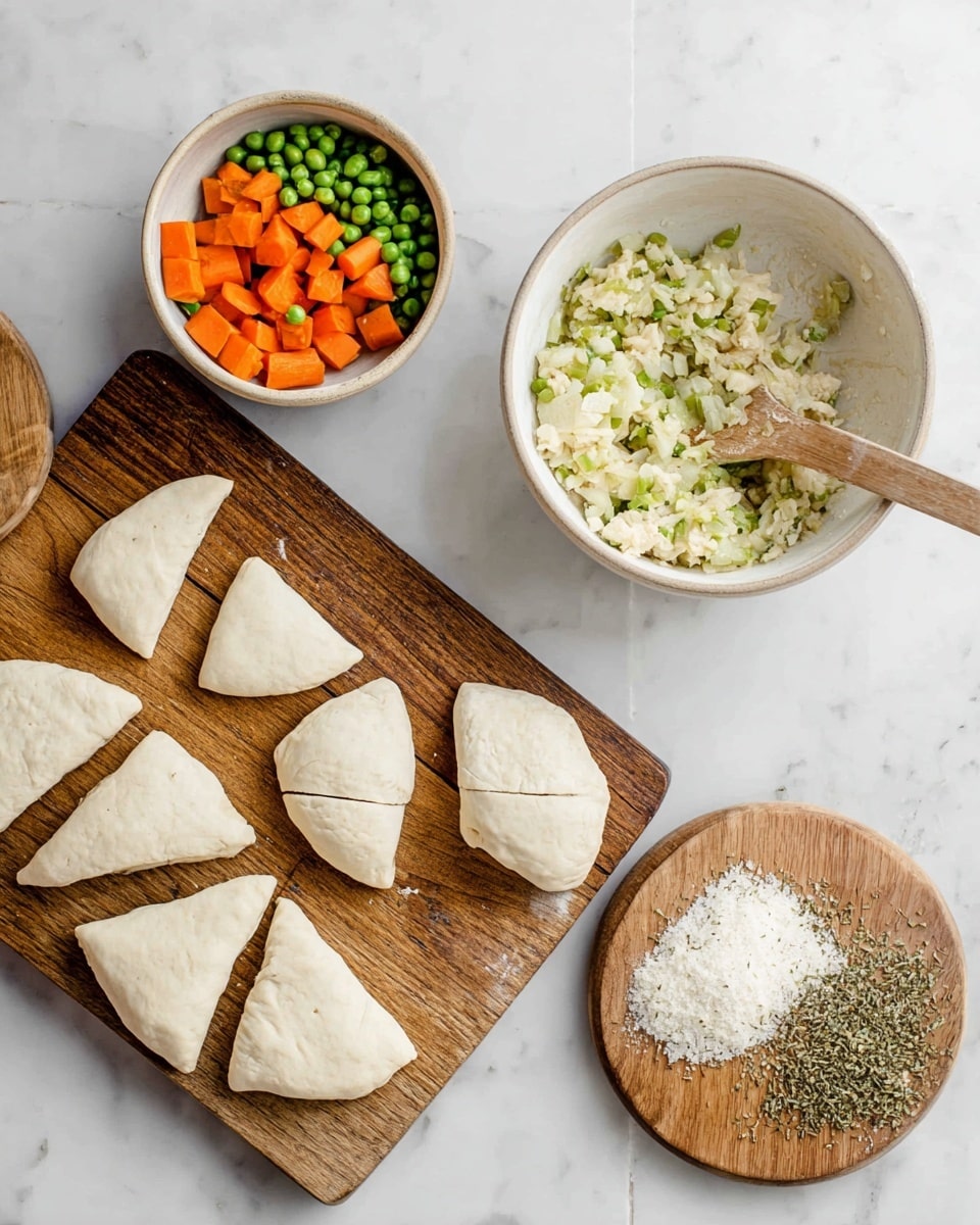 The image shows a wooden cutting board on a white marbled surface with several pieces of white dough divided into different shapes and sizes including triangular and semicircular pieces. Above the cutting board is a white bowl filled with a green and light beige mixture, likely chopped vegetables, with a wooden spoon resting inside. To the left, there is another white bowl containing orange carrot cubes and green peas. On the right side, there is a small wooden board with a heap of coarse white salt and dried green herbs. Photo taken with an iphone --ar 4:5 --v 7