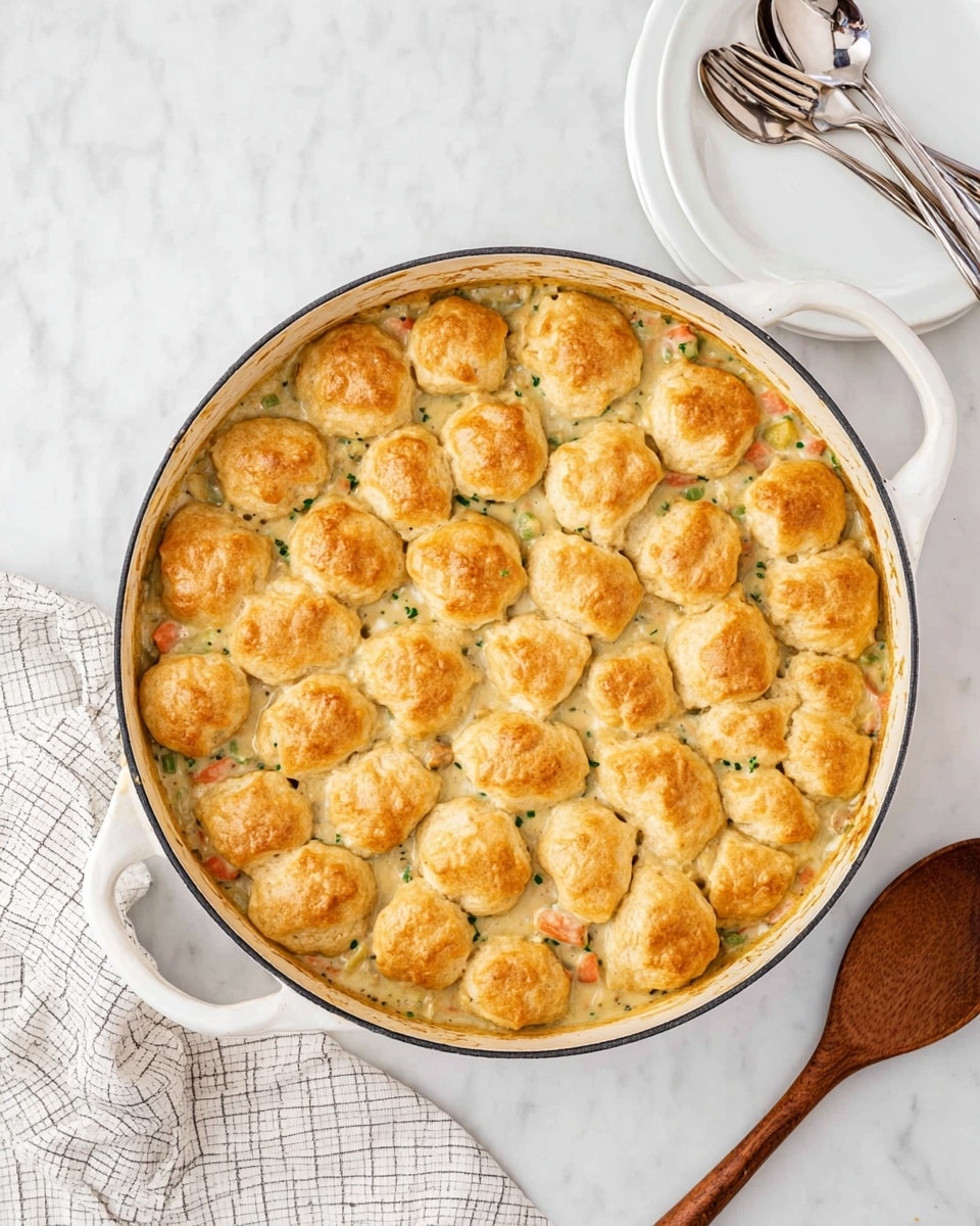 A round white enamel pot filled with a baked casserole topped with many small, golden brown dough pieces that look soft and slightly shiny. The dough pieces are arranged close together, covering the whole top layer evenly. Below the dough, a creamy light sauce mixed with bits of vegetables and herbs can be seen slightly at the edges. The pot sits on a white marbled surface with a wooden spoon on the right and a white plate with three silver forks on the top left corner. A white and gray checkered cloth is partly visible at the bottom left. photo taken with an iphone --ar 4:5 --v 7