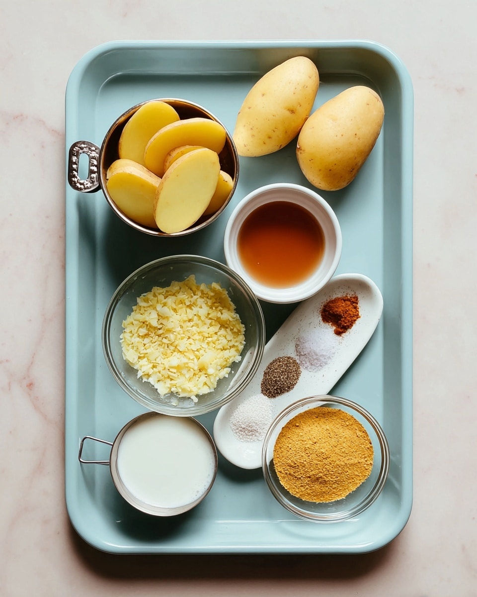 A light blue baking tray holds an arranged mix of ingredients on a white marbled surface. On the top left inside a small metal cup are sliced yellow potatoes, next to two larger yellow potato halves placed directly on the tray. To the right, a small white bowl contains a clear brown liquid, and below it is a clear glass bowl filled with yellow powder. Below that is a small white bowl with finely chopped light yellow garlic. At the bottom left is a metal cup with a white liquid, next to a small plate holding three spices: white salt, black pepper, and brown spice powder. Another clear glass bowl with yellow powder is positioned to the bottom right on the tray. The overall look is clean and organized with soft warm colors photo taken with an iphone --ar 4:5 --v 7