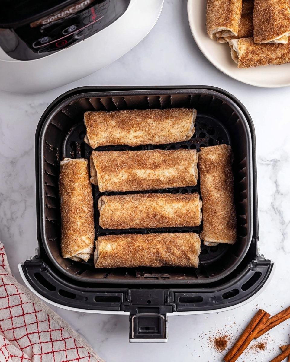 Inside a black air fryer basket, six rolled pastries are placed side by side in a single row. Each pastry is covered with a light layer of cinnamon sugar, giving them a sandy brown color and a slightly rough texture. The pastries have a soft, doughy look with a slightly crisp surface from the cinnamon coating. The basket and pastries sit on a white marbled surface. To the top right, there is a white plate holding more of these cinnamon sugar-covered rolled pastries stacked in a casual pile. To the bottom right, three cinnamon sticks and a light sprinkle of cinnamon powder rest on the marbled surface, while a white cloth with a red grid pattern is partially visible in the bottom left corner. Photo taken with an iphone --ar 4:5 --v 7