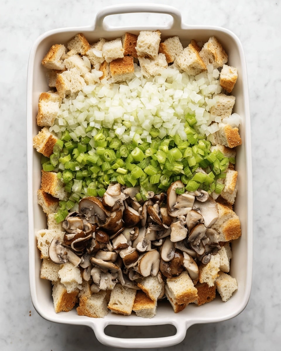 A white rectangular baking dish holds a layered mixture ready to be combined, placed on a white marbled surface. The bottom layer consists of small, uneven cubes of light brown bread with visible crusts. On top, there are three separate rows: the left row has finely chopped white onions, the middle row has bright green chopped celery, and the right row has sliced brown mushrooms with varied shapes and sizes. The ingredients are dry and fresh-looking, arranged neatly but not mixed yet. Photo taken with an iphone --ar 4:5 --v 7