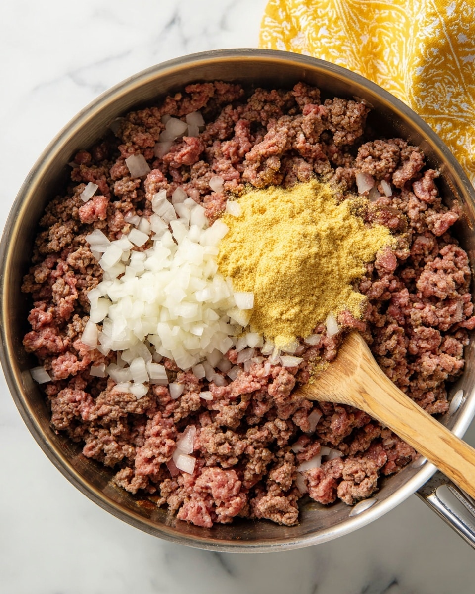 A large silver pan filled mostly with browned ground beef that is coarse and crumbly, with some pieces still slightly pink, shows three distinct piles on top: one of finely chopped white onions, one of light yellow cornmeal or seasoning powder, and another small spot where the powder has spread. A wooden spoon is resting on the right side, partially stirring the mixture, positioned against the mound of seasoning. The pan sits on a white marbled surface with a glimpse of a yellow patterned cloth in the top right corner. Photo taken with an iphone --ar 4:5 --v 7