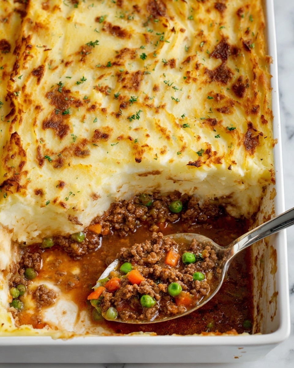 A white rectangular baking dish filled with a layered casserole; the top layer is golden brown mashed potatoes with browned spots and small bits of green herbs scattered on top, showing a textured, slightly uneven surface. Below this top layer is a rich, brown meat sauce with visible chunks of ground meat, bright green peas, and small orange carrot pieces, creating a colorful contrast. A large spoon rests inside the dish, scooping some of the meat mixture from an empty section in the bottom right corner where a portion has been served. The dish sits on a white marbled surface. photo taken with an iphone --ar 4:5 --v 7
