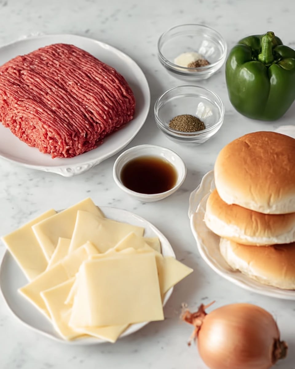 A white plate holds a thick layer of raw ground beef with a ribbed texture on the top left, next to a small clear glass bowl with three piles of different spices and a bowl with a dark brown liquid below it. Below the beef, a brown onion with dry skin rests on the white marbled surface alongside a green bell pepper with a smooth shiny surface. On the right, three soft golden brown sandwich buns with smooth tops sit stacked loosely on a white plate. At the bottom left, a white plate is filled with several slices of pale yellow cheese laid flat and slightly overlapping. The whole setting is on a white marbled surface. Photo taken with an iphone --ar 4:5 --v 7