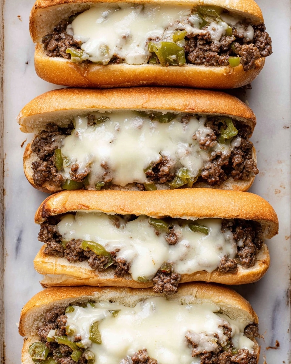 Four sandwiches are arranged vertically on a white marbled surface, each in a soft, lightly toasted bun. The bottom layer is spiced ground beef mixed with small pieces of green peppers and onions, filling the bun fully. A melted layer of white cheese covers the beef, stretching slightly over the sides in places. The top half of each bun is slightly opened to show the filling beneath. The bread is golden brown with a smooth crust, and the cheese looks creamy and melted with patches of beef visible underneath. Photo taken with an iphone --ar 4:5 --v 7