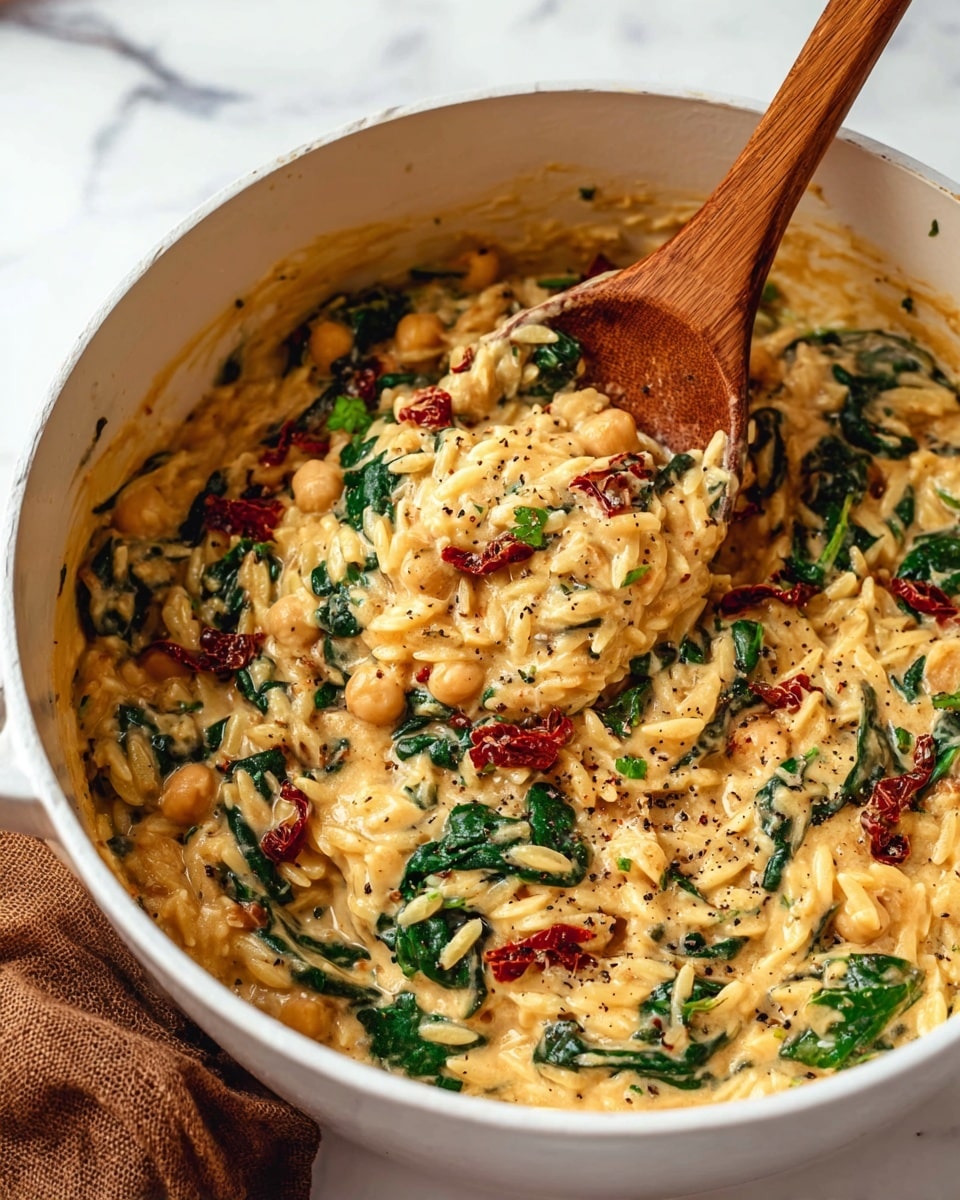 The image shows a white bowl filled with a thick, creamy risotto-like dish. The dish has several visible layers: golden orzo pasta mixed with spinach leaves and chickpeas, small red sun-dried tomato pieces scattered through, and a slightly glossy, cheesy sauce coating everything. The surface has a few specks of black pepper sprinkled on top. A wooden spoon is scooping some of the mixture from the bowl. The bowl rests on a white marbled surface, with a brown cloth partially visible near the bottom left. Photo taken with an iphone --ar 4:5 --v 7