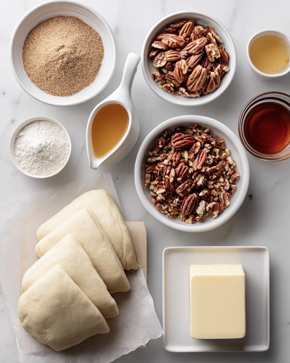 The image shows a white marbled surface with various baking ingredients neatly arranged. On the left side, there are two folded stacks of pale, smooth dough on parchment paper. Surrounding them are white bowls containing different ingredients: one bowl with finely ground brown sugar, one with whole pecans, another bowl filled with chopped pecans, and one with a white powdery substance, likely flour. A small white pourer holds a golden liquid, possibly syrup, and a square white plate has a thick pale yellow block of butter. Lastly, a white bowl contains a dark amber liquid. Everything is cleanly organized with soft lighting that highlights the textures and colors. Photo taken with an iphone --ar 4:5 --v 7