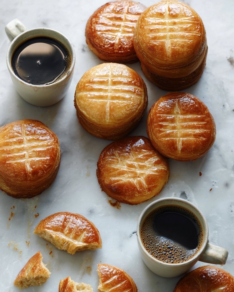 The image shows several golden-brown round pastries with a shiny surface and a crisscross pattern on top, arranged in small stacks and singly on a white marbled surface. Some pastries appear darker on one side, showing slight browning. One pastry is broken in half with a small piece next to it, revealing a soft inside. Two white mugs filled with black coffee sit near the pastries, one filled slightly higher than the other. Light reflections can be seen on the coffee surfaces, and there are some coffee stains and crumbs scattered around on the white marbled background. photo taken with an iphone --ar 4:5 --v 7