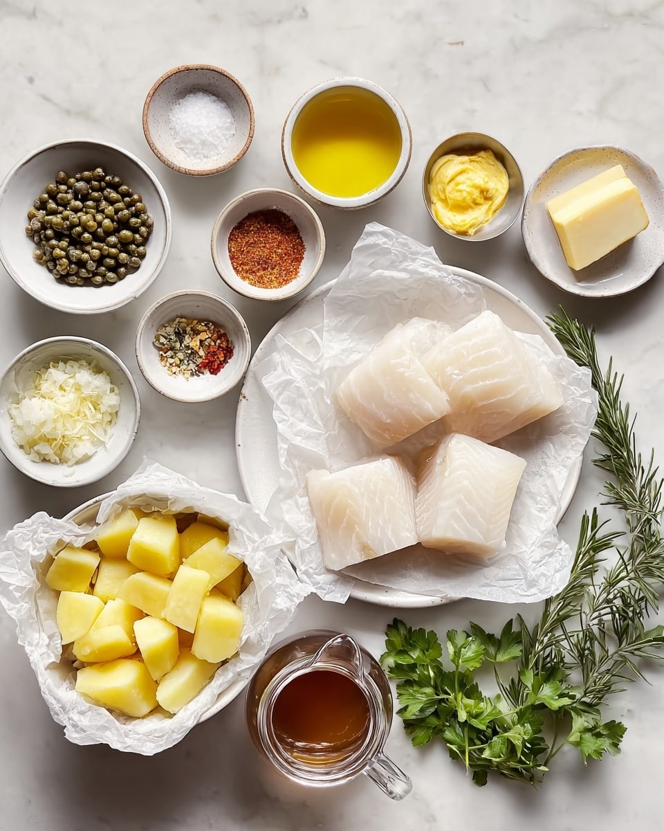 This image shows several ingredients neatly arranged on a white marbled surface. In the center right, there are three pieces of raw white fish fillets on white crumpled paper. Below this, a white bowl is filled with yellow potato chunks. Around these, there are small white bowls and plates holding various ingredients: a bowl with green capers above the fish, a bowl with yellow melted butter to the top right, a small bowl with mustard, and a small plate with two pieces of solid butter. Fresh green herbs, including parsley and rosemary, are at the far right. On the left side, there are several small bowls and plates: one with coarse salt, white liquid, chopped shallots, lemon zest, black pepper, chopped garlic, and a spice mix with red powder on top. In the middle left, a small glass pitcher holds brown liquid stock. Everything is arranged cleanly with a soft natural light. photo taken with an iphone --ar 4:5 --v 7