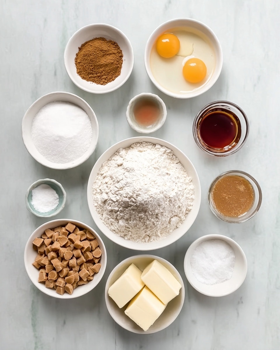 The image shows nine small white bowls arranged neatly on a white marbled surface. In the center is a larger white bowl filled with white flour with a small mound on top. Surrounding it, starting from the top left moving clockwise, there is a small bowl with brown cinnamon powder, a bowl with two raw egg yolks, a bowl of white granulated sugar, a bowl with white baking powder, a small bowl with dark amber vanilla extract, a clear glass bowl with three blocks of butter, a bowl filled with light brown butterscotch chips, and a small bowl of white salt. All bowls are evenly spaced and the scene is clean and bright, lit with soft natural light. Photo taken with an iphone --ar 4:5 --v 7