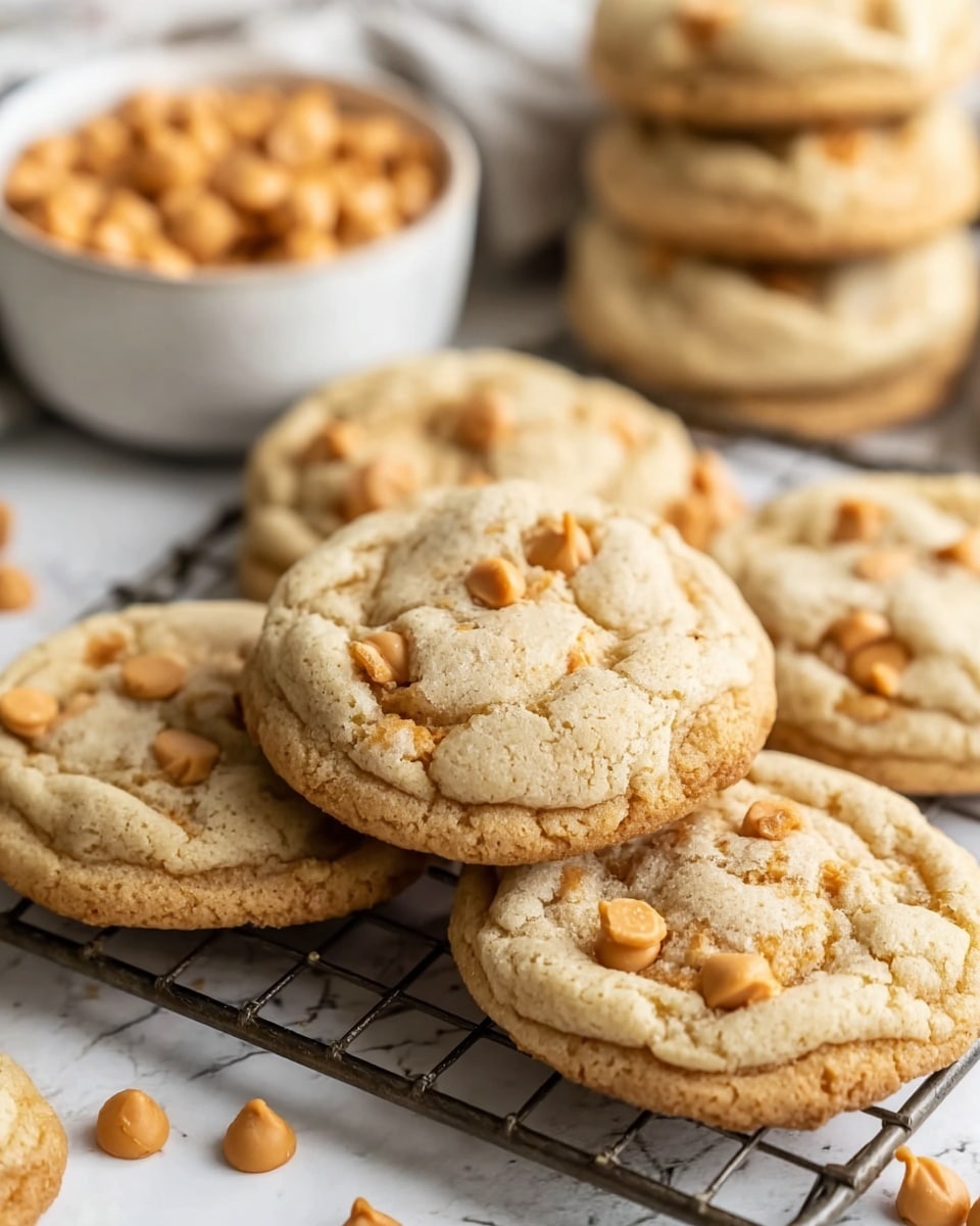 The image shows a close-up of light golden brown cookies with orange butterscotch chips scattered on top, laid out on a dark metal cooling rack over a white marbled surface. The cookies have a soft texture with slight cracks revealing their tender inside. In the background, there is a white bowl filled with more orange butterscotch chips, blurred to keep focus on the cookies in front. The setup looks warm and inviting, perfect for a cozy snack. photo taken with an iphone --ar 4:5 --v 7