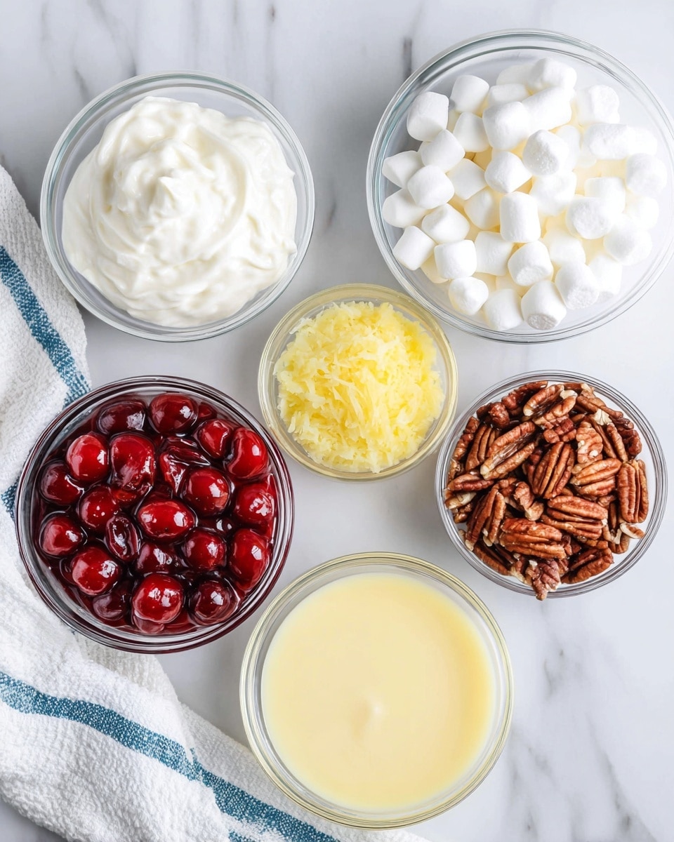 The image shows six small glass bowls placed on a white marbled surface. The top left bowl contains a white creamy layer with soft peaks, the top right bowl has small white marshmallows that fill it up, the middle left bowl is full of glossy red cherries in syrup, the middle right bowl holds a fine yellow crushed pineapple layer, the bottom left bowl contains a smooth pale yellow layer of condensed milk, and the bottom right bowl has a pile of brown pecans with a rough texture. A white towel with blue stripes is laid next to the bowls. Photo taken with an iphone --ar 4:5 --v 7