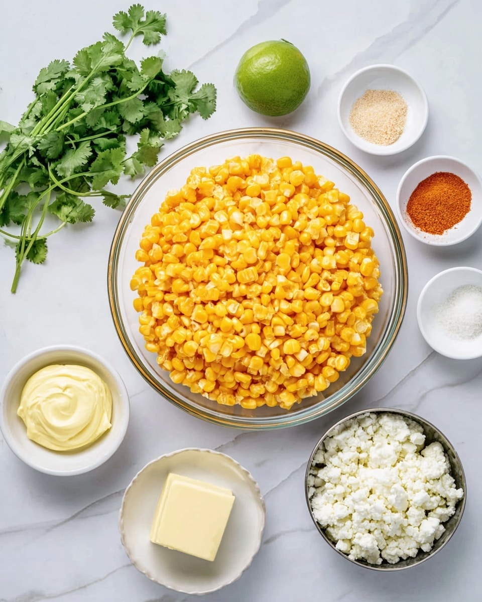 A large clear glass bowl filled with bright yellow corn kernels sits centered on a white marbled surface. To the left of the bowl is a small white bowl with soft yellow mayonnaise, below it a small white bowl with a square of pale yellow butter, and next to that a small metal bowl filled with white crumbly cheese. A bunch of fresh green cilantro leaves rests between the bowls. Above the corn bowl are three small white dishes containing white sour cream, light beige garlic powder, and bright orange chili powder. A halved lime with a bright green rind sits near the top edge. The whole setup is laid out neatly on the white marbled surface, photo taken with an iphone --ar 4:5 --v 7