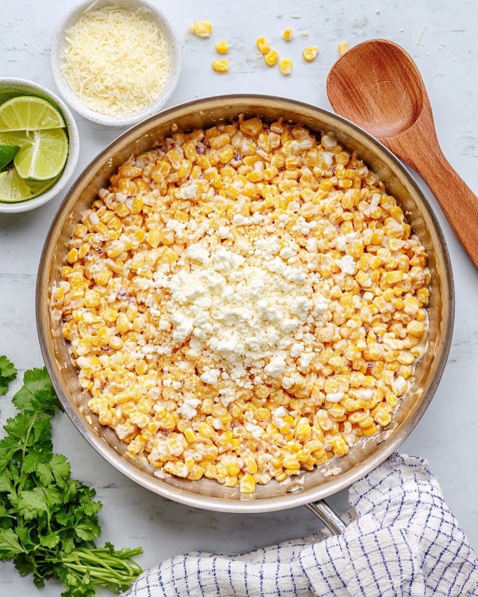 A metal pan filled with a creamy mixture of bright yellow grilled corn kernels, with a soft white cheese sprinkled in a pile on top at the center, showing a mix of orange and creamy light colors throughout. The pan is placed on a white marbled surface with a wooden spoon resting on the right side and a white cloth with a blue checkered pattern partly visible underneath. To the left of the pan, there is a small white bowl of grated cheese, two half slices of green lime, and fresh green cilantro leaves scattered around. The photo taken with an iphone --ar 4:5 --v 7