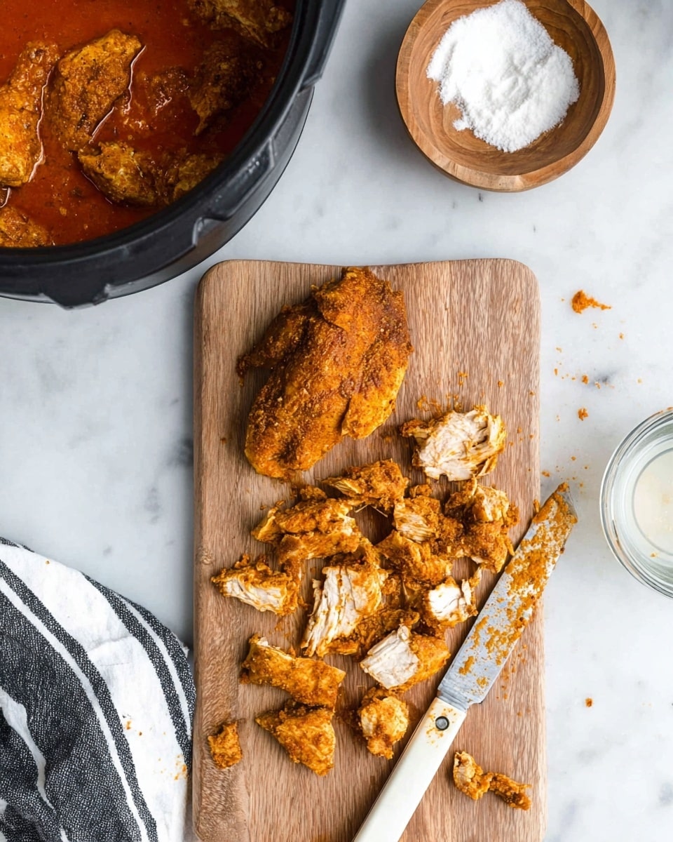 The image shows a wooden cutting board placed on a white marbled surface with pieces of cooked, orange-brown seasoned chicken scattered across it. One piece is whole, while the others are chopped into smaller chunks, revealing the white inside of the chicken. A knife with a white handle and orange stains rests on the cutting board. In the top left corner, part of a black pot filled with red-orange sauce with chunks of chicken can be seen. To the right, there is a small wooden bowl with white powder, and next to it, a clear glass container with a white liquid. A striped black and white cloth is partially visible at the bottom left. Photo taken with an iphone --ar 4:5 --v 7