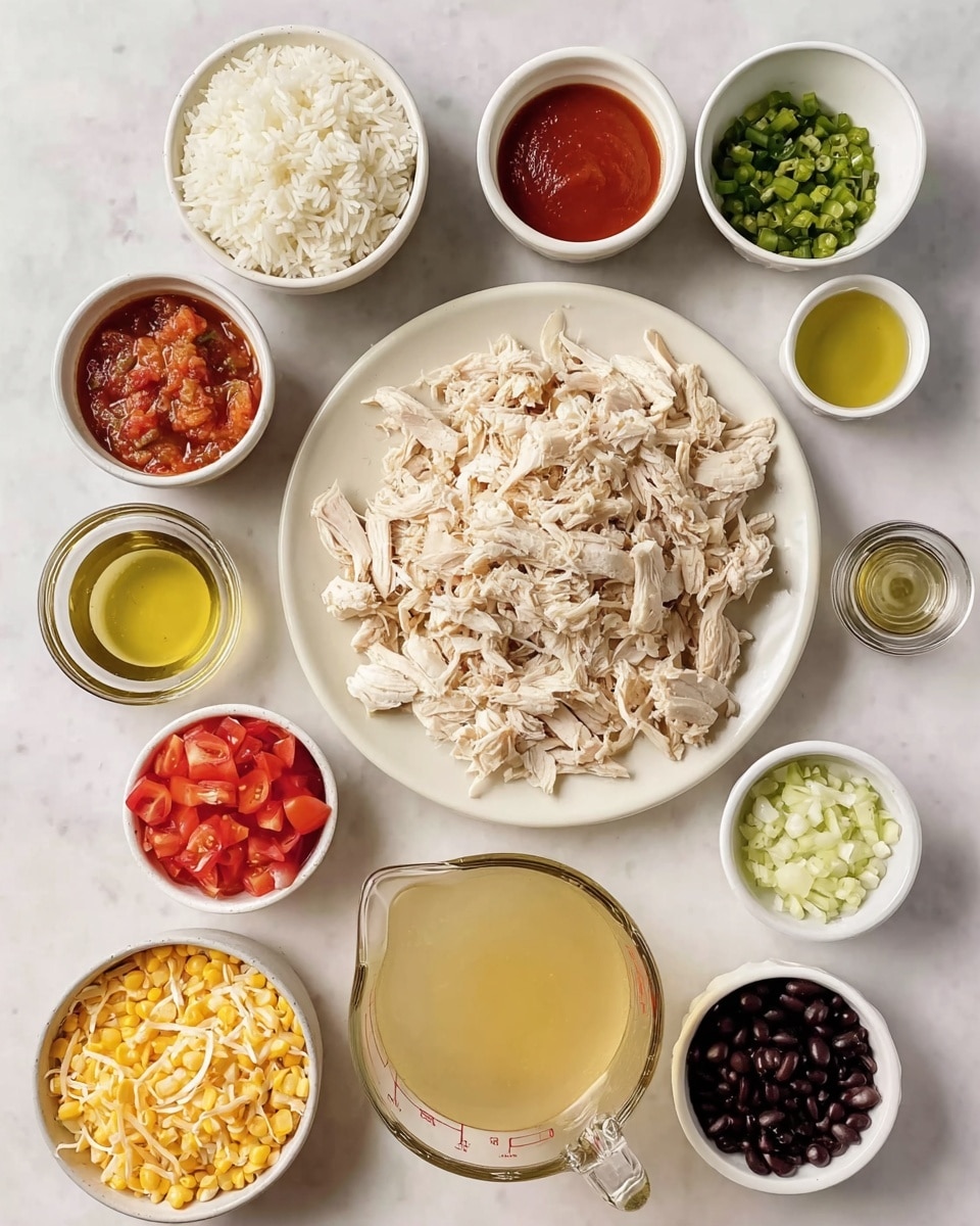 A flat white plate sits at the center filled with shredded cooked chicken, pale and tender in texture. Around it are small white bowls with different ingredients: at the top is a bowl of white rice and next to it a bowl with red sauce. To the right are a bowl of chopped green peppers and a jar of black beans. Below are a bowl with minced garlic and another with finely chopped onions. At the bottom center is a clear measuring jug filled with light yellow broth. On the left side are small bowls with light yellow shredded cheese, diced red tomatoes, and a bowl filled with yellow corn kernels. A small white cup holding light olive oil is placed at the top left. Everything rests on a white marbled surface photo taken with an iphone --ar 4:5 --v 7