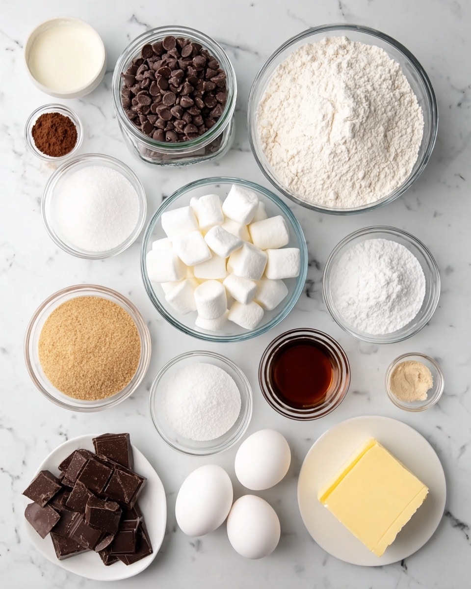 The image shows a top-down view of baking ingredients arranged neatly on a white marbled surface. There are thirteen containers and plates of different sizes holding the ingredients. Starting from the top left, there is a small glass jar filled with dark brown chocolate chips. Next to it, a large clear bowl is filled with white flour. Above that, a small clear bowl holds white granulated sugar. To its right, a small clear bowl contains fine white powder, and next to that is another small clear bowl with white powdered sugar. Below these, a medium clear bowl is filled with large white marshmallows. On the bottom left, a small clear bowl has light brown sugar, and beside it, a white plate holds dark chocolate pieces. In the middle, two white eggs rest on the surface, flanked by two tiny white bowls holding salt and baking soda. To the right, a small clear bowl contains a pale liquid, likely cream, and nearby is another small clear bowl with dark brown vanilla extract. On the bottom right, white plate holds a stick of yellow butter with a small piece cut off. The layout is clean, and all ingredients stand out clearly against the white marbled texture. Photo taken with an iphone --ar 4:5 --v 7