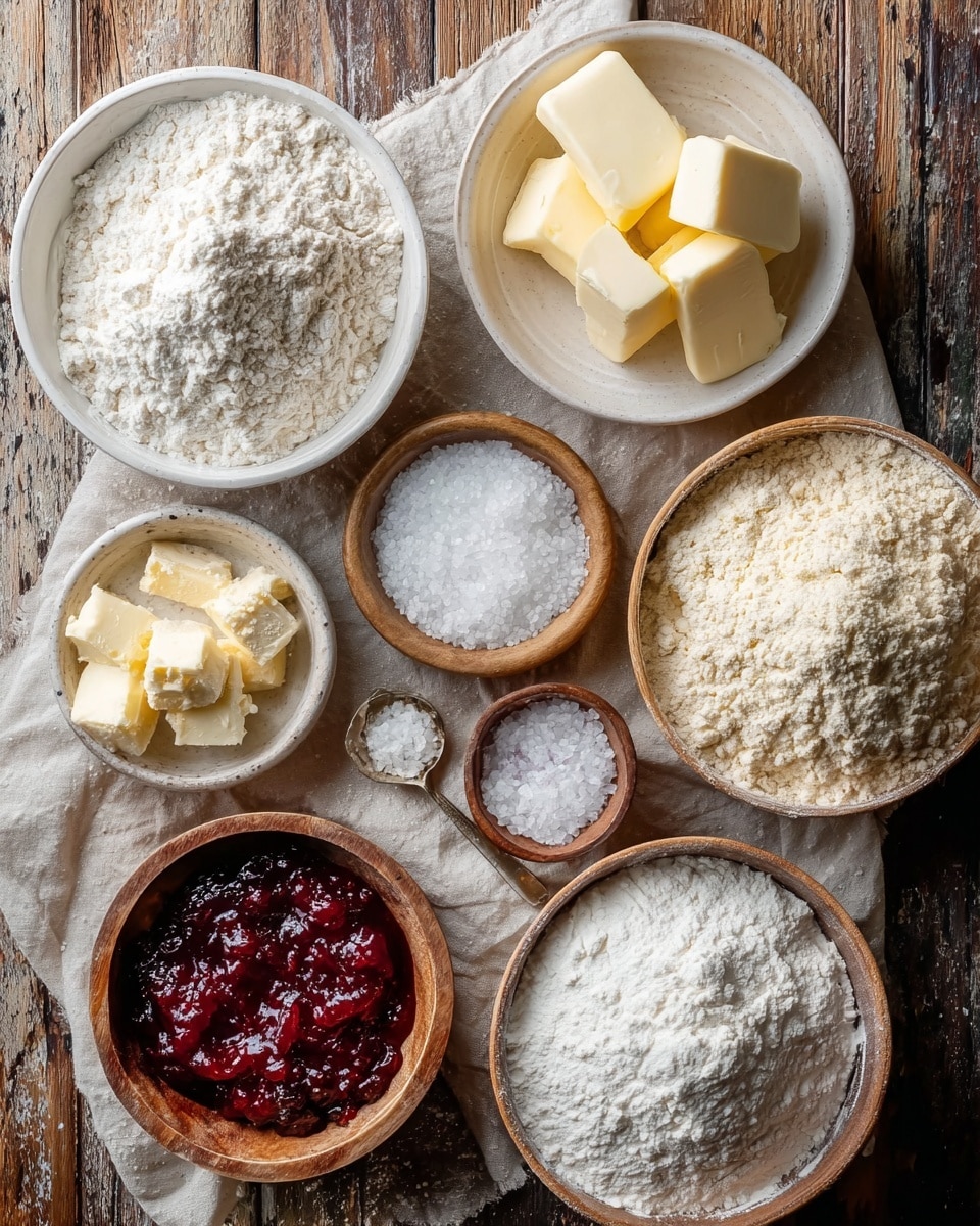 The image shows a top view of various baking ingredients placed on a wooden surface with a beige cloth. There are seven white bowls and one spoon arranged in a loose circle. Starting from the top left, a white bowl filled with white flour, next to it a white bowl with several slices of pale yellow butter. Below the butter, another white bowl contains more pale yellow butter pieces. In the center, a small wooden bowl holds coarse white salt, and next to it, another small white bowl has finer white salt. To the right, a white bowl on the cloth is filled with pale, light brown flour. Below it, a wooden bowl contains a white powdery substance, possibly flour or sugar. At the bottom left, a wooden bowl holds thick red jam, with a smaller white bowl beside it also filled with red jam. A silver spoon with a white powder rests on the table near the jam. The surface has a rustic white marbled texture. Photo taken with an iphone --ar 4:5 --v 7