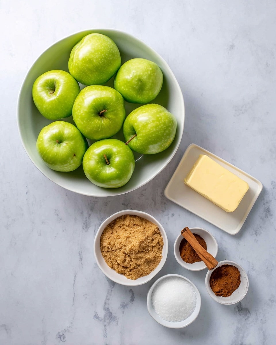A white bowl filled with seven shiny green apples sits in the bottom left, next to a stick of unsalted butter on the right. Above the apples, there are three small white dishes arranged in a rough triangle: one dish holds light brown sugar with a soft, crumbly texture, another dish contains fine white granulated sugar, and the third dish has three spices—a dark brown cinnamon, a reddish-brown cinnamon, and white coarse salt—separated in sections. All items rest on a white marbled surface. Photo taken with an iphone --ar 4:5 --v 7