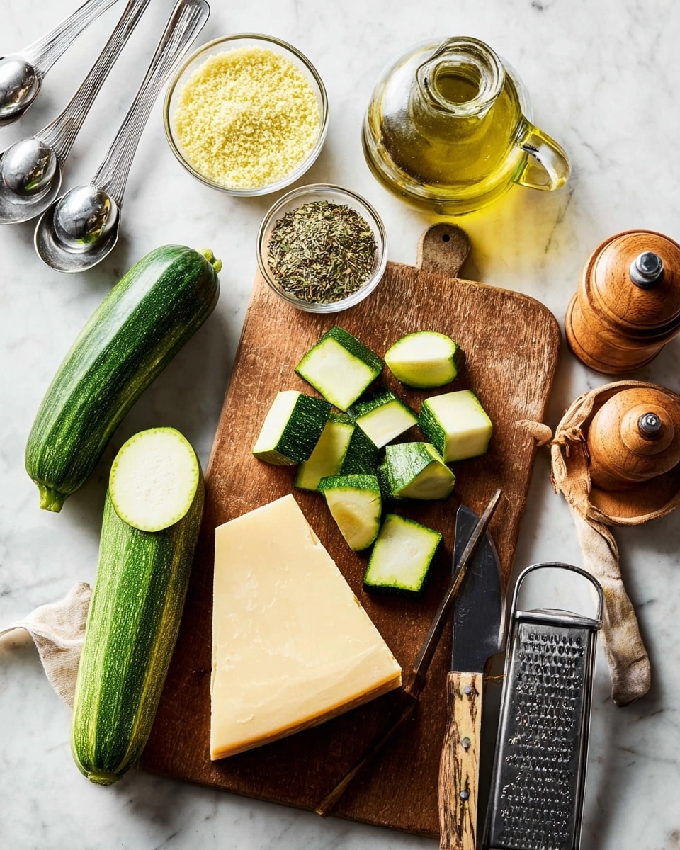 A wooden cutting board placed on a white marbled surface holds a whole green zucchini and a halved zucchini showing its pale green inside on the left side. In the center, several chunky zucchini pieces are arranged next to a small pile of zucchini stem. A knife with a wooden handle lies diagonally on the right side of the board. Above the board, there are two small glass bowls, one filled with yellow breadcrumbs and the other with mixed dried herbs. To the right of the bowls, there's a round olive oil bottle with a handle and a wooden pepper grinder. Below, a large wedge of hard yellow cheese rests partially on a metal grater with a black handle. Three metal measuring spoons fan out on the top left corner of the image. Photo taken with an iphone --ar 4:5 --v 7