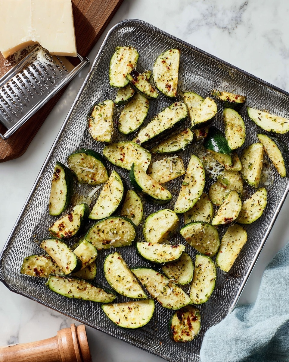The image shows many pieces of zucchini cut into thick wedges, spread out evenly on a metal mesh tray. The zucchini pieces are light green inside with darker green skin, and they look grilled with small dark brown char marks and sprinkled with herbs and seasoning. Under the tray is a white marbled surface with a block of grated cheese on a metal grater to the bottom left and a wooden pepper grinder nearby. A light blue cloth is partially visible on the bottom right. Photo taken with an iphone --ar 4:5 --v 7