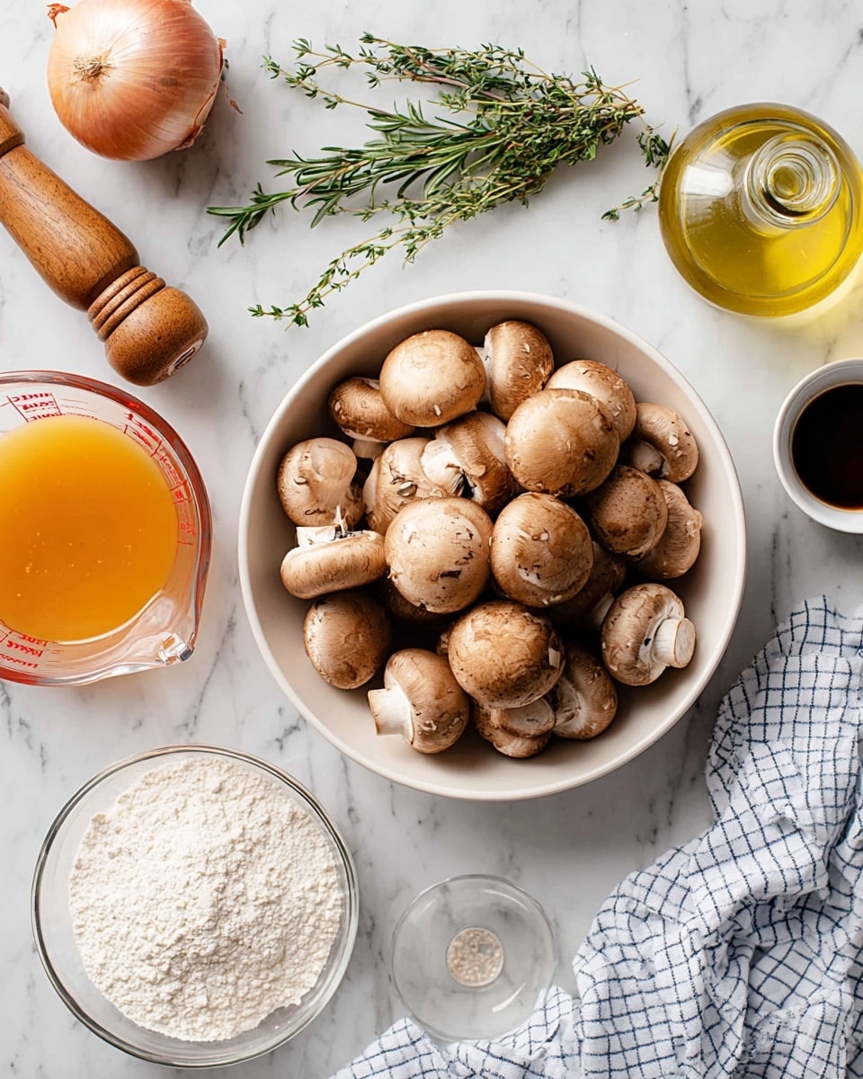 A white bowl filled with many light brown mushrooms with smooth caps sits center on a white marbled surface. To the left of the bowl, there is a clear glass measuring cup with orange broth, some green rosemary and thyme sprigs, and a whole shallot with purple skin. To the right of the bowl, there is a small glass bowl of white flour and a smaller bowl with dark brown liquid. Near the top left corner, there is a wooden pepper grinder and a glass bottle of yellow oil. A white and blue checkered cloth is placed at the bottom right edge of the image. photo taken with an iphone --ar 4:5 --v 7