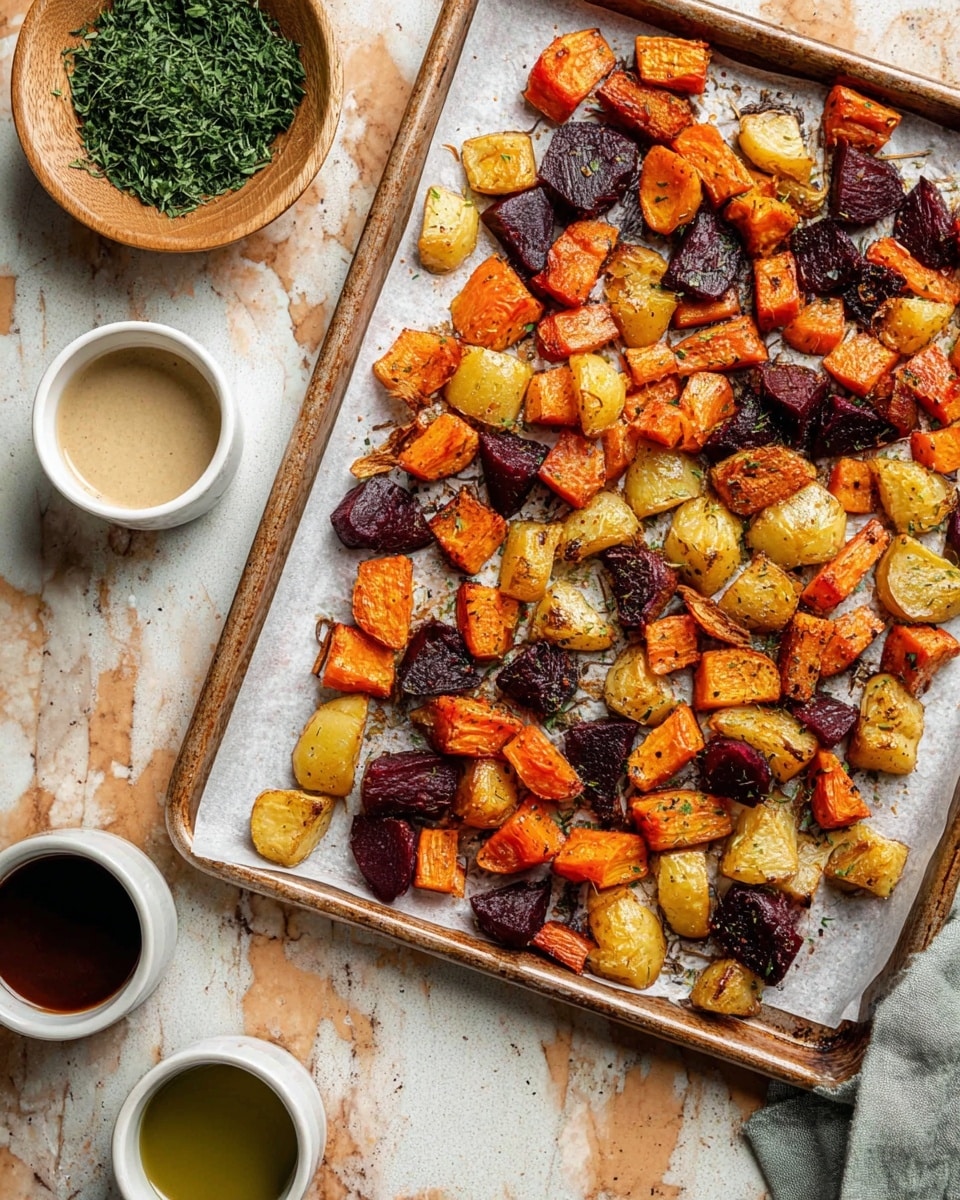 A tray filled with one layer of roasted root vegetables including orange sweet potatoes, yellow potatoes, purple beets, and orange carrots, all cut into uneven chunks and spread evenly on white parchment paper. The vegetables show a mix of roasted textures with some edges browned and slightly crispy. Around the tray, on a white marbled surface, there is a small wooden bowl filled with fresh green herbs at the top left, and three small white ceramic bowls containing liquids in beige, dark brown, and light greenish hues positioned around the tray. The image has soft natural light and a rustic feel, photo taken with an iphone --ar 4:5 --v 7