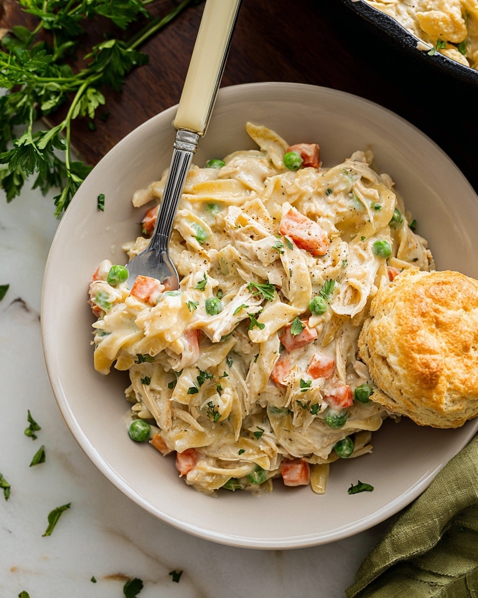 A close-up view of a creamy casserole served in a white bowl filled with layers of shredded chicken mixed with small diced carrots, celery, peas, and pasta in a thick white sauce, giving a creamy texture with specks of herbs. On the right side of the bowl sits a golden-brown biscuit with a slightly rough surface. A spoon with a cream-colored handle is resting inside the bowl on the left side. The bowl is placed on a white marbled surface with some green parsley leaves scattered nearby on the right side. Photo taken with an iphone --ar 4:5 --v 7