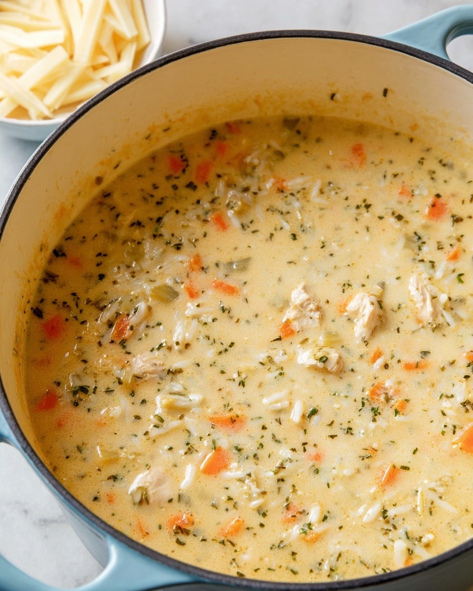 A close-up of a thick creamy soup in a light blue pot with a white inside, showing multiple ingredients mixed together in one layer: small chunks of orange carrot, light green celery, white grains of rice, bits of cooked chicken, and green herbs evenly spread throughout the pale yellow soup base, with a smooth and slightly glossy texture. To the side, out of focus, is a white marbled surface and a white bowl containing thin, light-yellow cheese slices. Photo taken with an iphone --ar 4:5 --v 7