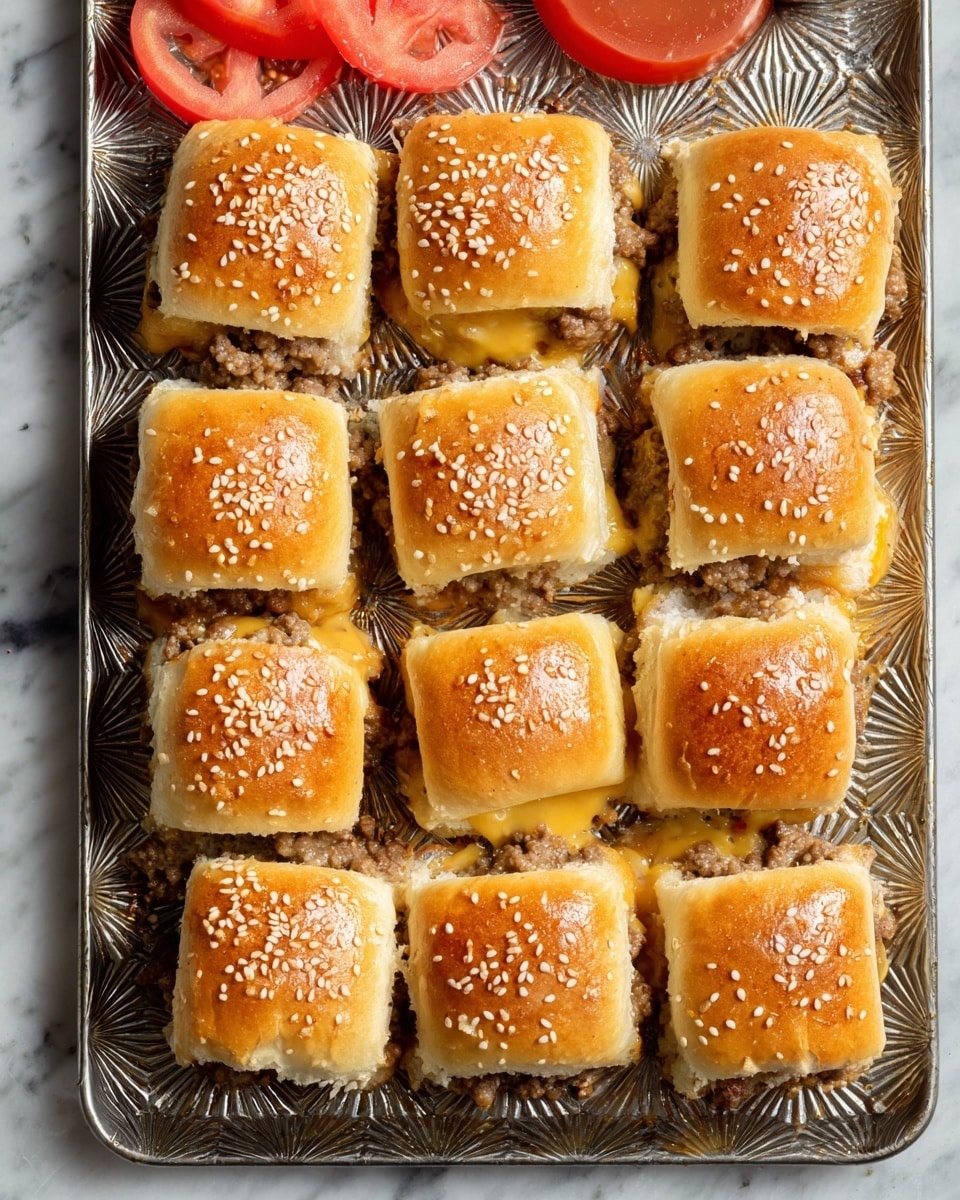 The image shows a tray with twelve small square sandwiches arranged in a grid. Each sandwich has a shiny, golden-brown top bun sprinkled with white sesame seeds. The buns look soft and slightly toasted. Inside each sandwich, there is a visible layer of melted yellow cheese and browned minced meat mixed with small bits of onions. The sandwiches are placed on a textured metal baking tray with a shiny silver pattern. On the top left corner, there are three red tomato slices partially visible. The whole scene is set on a white marbled surface. Photo taken with an iphone --ar 4:5 --v 7