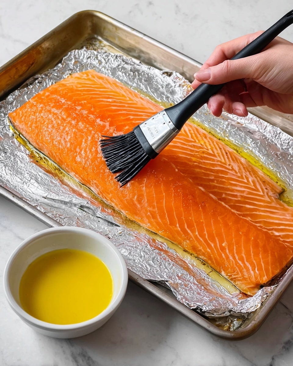A fresh, large salmon fillet with a smooth, bright orange surface and white marbling is placed on a sheet of crinkled foil, which is on a metal baking tray. The salmon is being brushed with a shiny, yellow layer of melted butter using a black silicone brush with a silver handle held by a woman's hand, visible on the right side. Below the salmon, a white bowl holds more melted butter, and the whole setup is resting on a white marbled surface. The scene is well-lit, showing the glossiness of the butter and the texture of the fish clearly. photo taken with an iphone --ar 4:5 --v 7