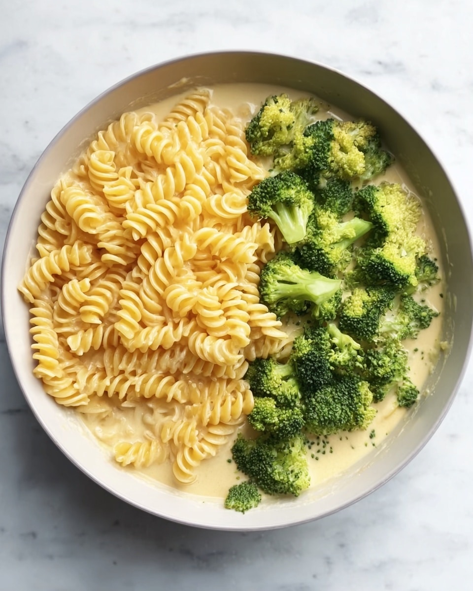 A white bowl filled with two layers of food is shown on a white marbled surface. The bottom layer consists of a creamy pale yellow sauce that fills the entire bowl. On top of this sauce, two sections are clearly visible: the larger section is covered with golden-yellow spiral pasta, and the smaller section has bright green broccoli florets evenly spread. The pasta and broccoli sit side by side, partially touching without mixing together. Photo taken with an iphone --ar 4:5 --v 7