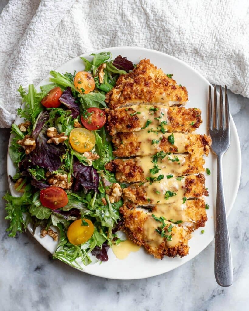 Pretzel Crusted Chicken with Mustard Cheddar Sauce Recipe
