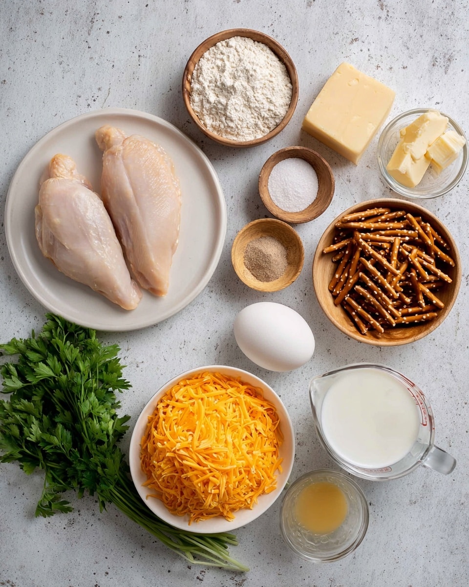 The image shows a flat lay of ingredients on a white marbled surface. On the left, there is a bunch of green parsley with soft leaves. Next to it, two uncooked pale pink chicken pieces sit on a white plate with rounded edges. Above them are small wooden bowls containing white flour, a light yellow square of butter, white powder, a light brown spice, and salt and black pepper mix. In the center-right, a bowl filled with thin, dark brown pretzel sticks sits above a white egg resting on the surface. Below the egg, a white bowl is filled with a mound of bright orange shredded cheddar cheese. To the right, there is a glass measuring cup filled halfway with white milk. A small clear bowl contains pale yellow mustard. Photo taken with an iphone --ar 4:5 --v 7